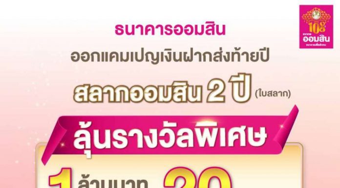 ออมสิน ใจป้ำ จัดรางวัลพิเศษ 1 ล้านบาท 20 รางวัล ให้ผู้ฝากสลากออมสินช่วงส่งท้ายปี พร้อมออกเงินฝากเผื่อเรียกพิเศษ ดอกเบี้ยสูง และไม่หักภาษี