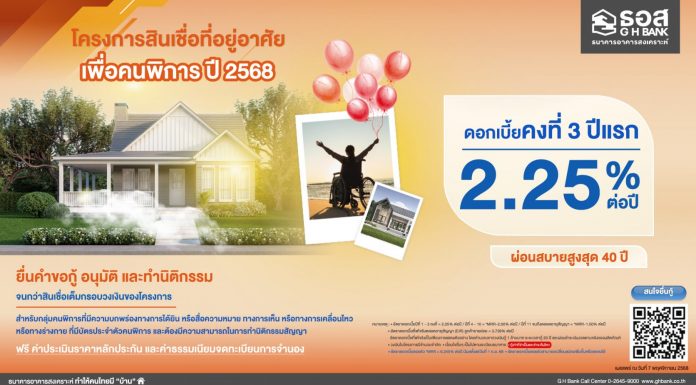 ธอส. ร่วมสร้างความเท่าเทียม ให้ทุกคนมีบ้านอย่างมั่นคง จัดทำ “โครงการสินเชื่อที่อยู่อาศัยเพื่อคนพิการ ปี 2568” อัตราดอกเบี้ยคงที่ 3 ปีแรก 2.25% ต่อปี