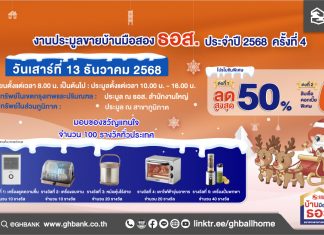 โอกาสสุดท้ายปี 68 !! ธอส. คัดบ้านมือสองทั่วไทยจัดประมูลใหญ่ ลดราคาสูงสุด 50%พร้อมโปรโมชันพิเศษ พบกันวันเสาร์ที่ 13 ธันวาคม 2568