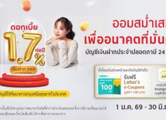 มีบัญชีออมทรัพย์กับกรุงศรี พร้อมตั้งโอนเงินล่วงหน้าเพื่อฝากเข้าบัญชีฝากประจำปลอดภาษี 24 เดือนหรือ 36 เดือน รับ Lotus’s e-Coupons 100 บาท