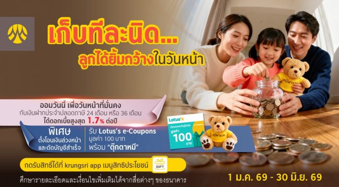 กรุงศรีชวนออมเงินเพื่อลูกได้ง่ายๆ กับบัญชีฝากประจำปลอดภาษี โอนเงินล่วงหน้าผ่าน krungsri app รับ Lotus’s e-Coupons 100 บาท และตุ๊กตาหมี