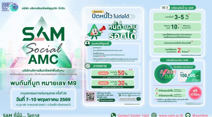 SAM ชูโครงการ “ปิดหนี้ไว ไปต่อได้” ร่วมงาน Money Expo Bangkok 2026 ยกโซลูชันแก้หนี้ครบวงจร ให้คนไทยเริ่มต้นใหม่ทางการเงินอย่างยั่งยืน พร้อมเปิดโอกาสลงทุนผ่านทรัพย์ NPA และมาตรการช่วยลูกหนี้ NPL