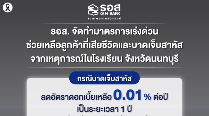 ธอส. จัดทำมาตรการเร่งด่วนช่วยเหลือลูกค้าจากเหตุการณ์ในโรงเรียน จังหวัดนนทบุรี กรณีเสียชีวิตหรือทุพพลภาพลดดอกเบี้ยเหลือ 0.01% ต่อปีตลอดอายุสัญญา