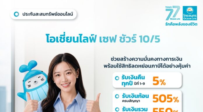 OCEAN LIFE ไทยสมุทรประกันชีวิต เปิดตัว “โอเชี่ยนไลฟ์ เซฟ ชัวร์ 10/5” จ่ายเบี้ยสั้น 5 ปี คุ้มครอง 10 ปี!รับเงินคืนทุกปี ผลประโยชน์รวมสูงสุด 550%